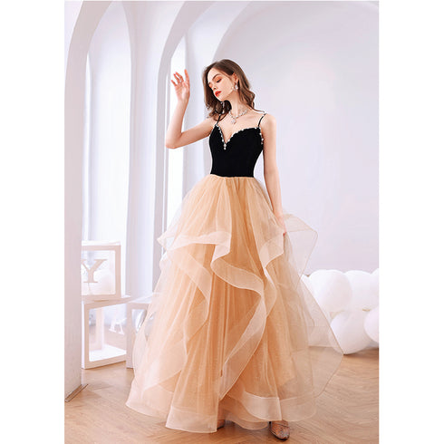 Champagne Layers Sweet 16 Gown, Tulle Straps Prom Party Dress