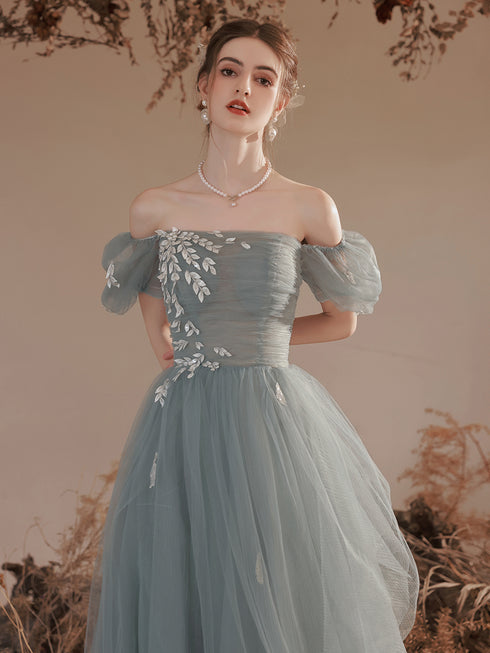 Light Green Short Sleeves Tulle Floor Length Party Dress, A-line Evening Formal Gown