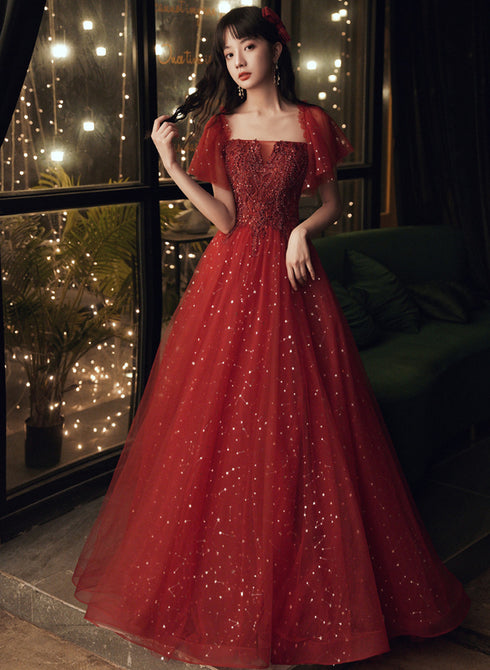 Wine Red Short Sleeves Tulle with Lace Long Party Dress, Wine Red Prom Dress