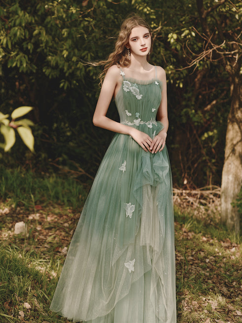 Lovely Green Gradient Tulle with Straps Long Prom Dress, Green Formal Dress Party Dress