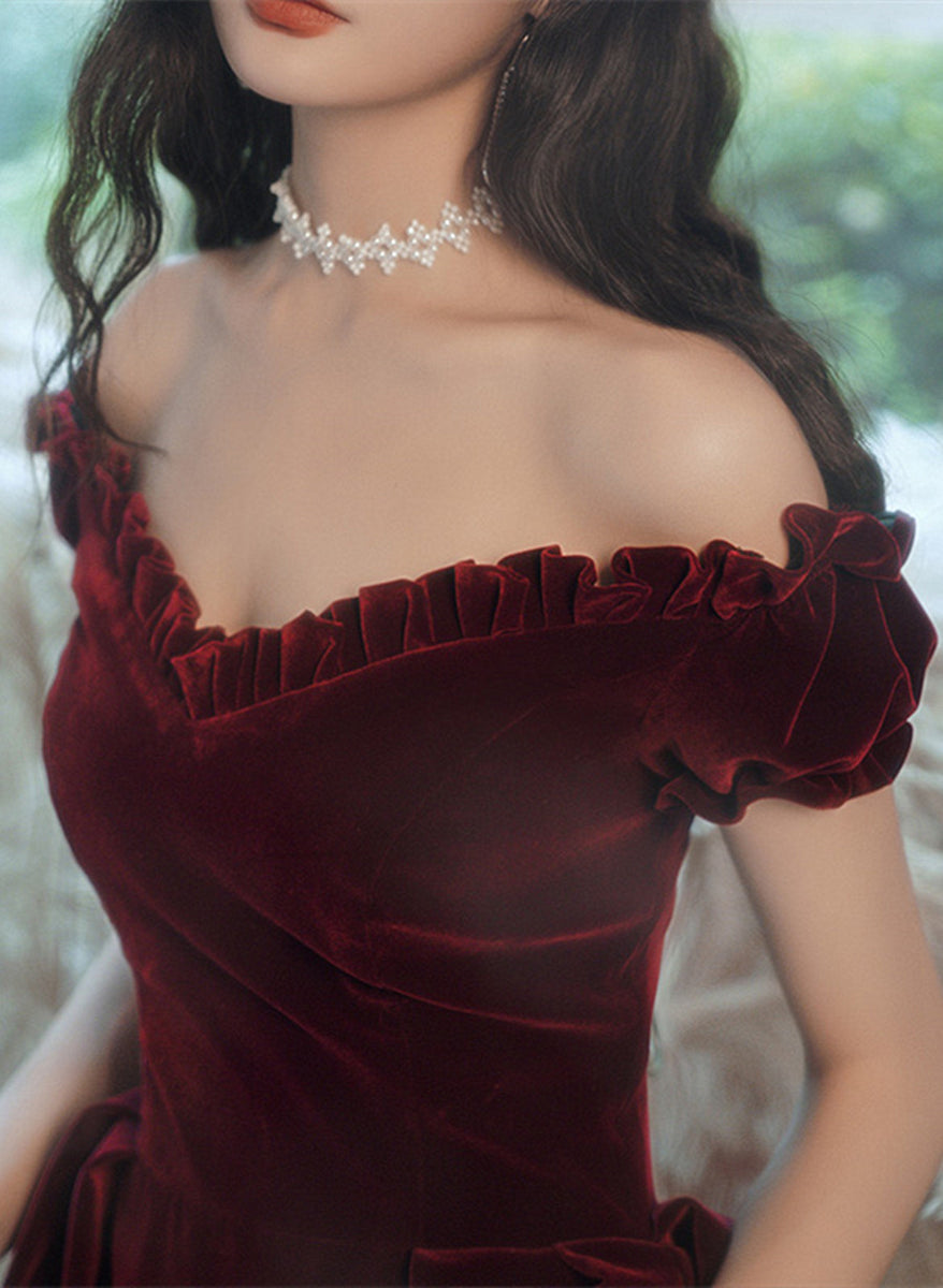 Wine Red Velvet Tea Length Off Shoulder Party Dress main image 1
