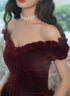 Wine Red Off Shoulder Velvet Tea Length Party Dress, Velvet Prom Dress Homecoming Dress