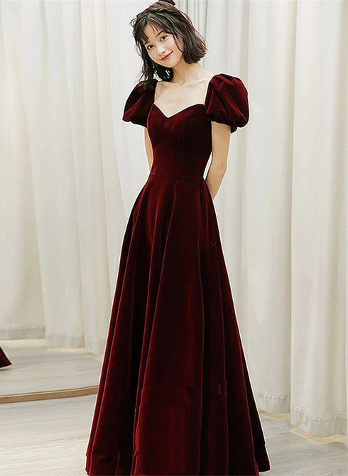 Wine Red Velvet Sweetheart Long Party Dress, A-line Wine Red Prom Dress