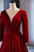 Wine Red Velvet Long Sleeves See Through Prom Dress, Wine Red Wedding Party Dress