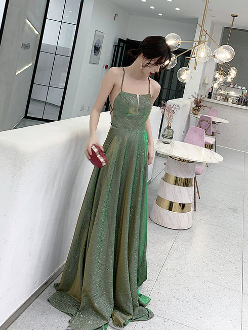 Lovely Green Backless Long Shiny Prom Dress Party Dress, Green Evening Dresses