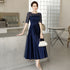 Navy Blue Tea Length Satin Short Sleeves Party Dress, Blue Wedding Party Dresses