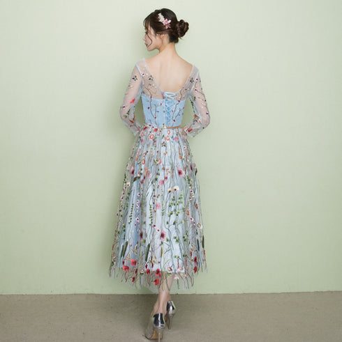Light Blue Tea Length Lace Floral Wedding Party Dress, Beautiful Formal Dress