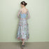 Light Blue Tea Length Lace Floral Wedding Party Dress, Beautiful Formal Dress
