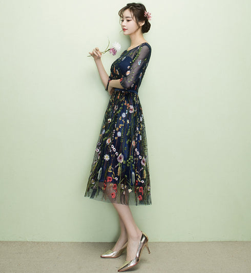 Navy Blue Floral Lace Short Bridesmaid Dresses, Cute Blue Homecoming Dress Prom Dress