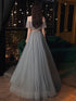 Beautiful Beaded Off Shoulder Tulle Prom Dress, A-line Grey Evening Dress Party Dress