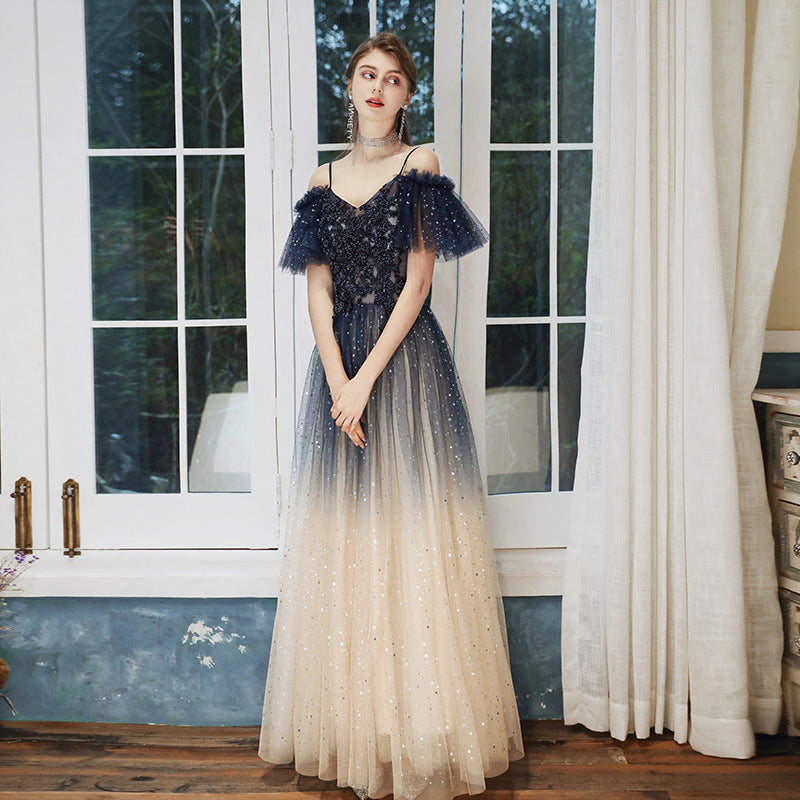 A-line Navy Blue Prom Dress Lace Tulle Evening Dress Y382
