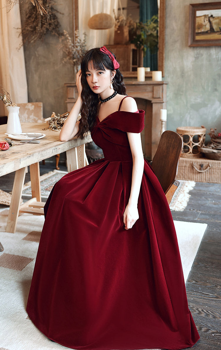 Wine Red Velvet Off Shoulder Long Prom Dress, Wine Red Party Dress For