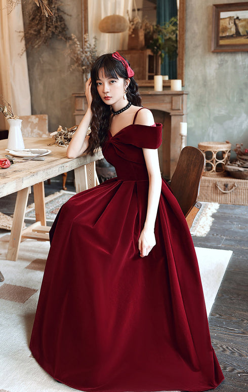 Wine Red Velvet Off Shoulder Long Prom Dress, Wine Red Party Dress Formal Dress