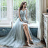 Beautiful Grey V-neckline Straps Beaded Slit Long Prom Dress, Grey Evening Gown
