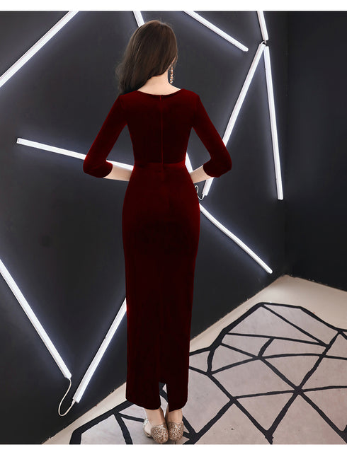 Elegant Mermaid Tea Length Wedding Party Dress, Velvet Burgundy Party Dress