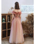 Gradient Pink Off Shoulder A-line with Flowers Prom Dress, Pink Long Formal Dress