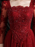 Wine Red Lace Long Sleeves Low Back Tulle Prom Dress, Wine Red Beaded Party Dress