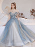 Blue Sweetheart Tulle Beaded Long Evening Dress Party Dress, Off Shoulder Prom Dress