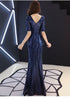 Blue Sequins Short Sleeves A-line Long Bridesmaid Dresses, Sequins Evening Dress Party Dress