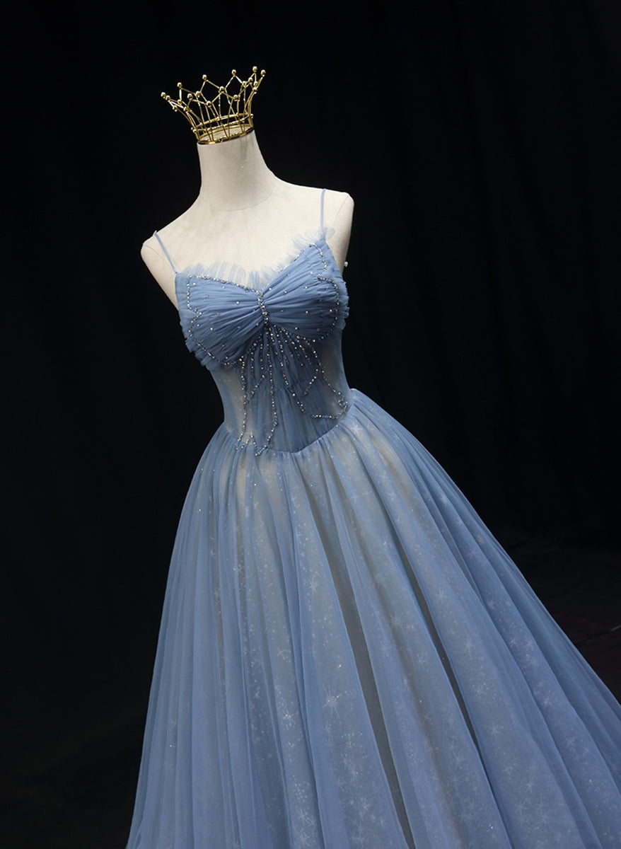 A-Line Blue Printed Adjustable Straps Long Ball Dress