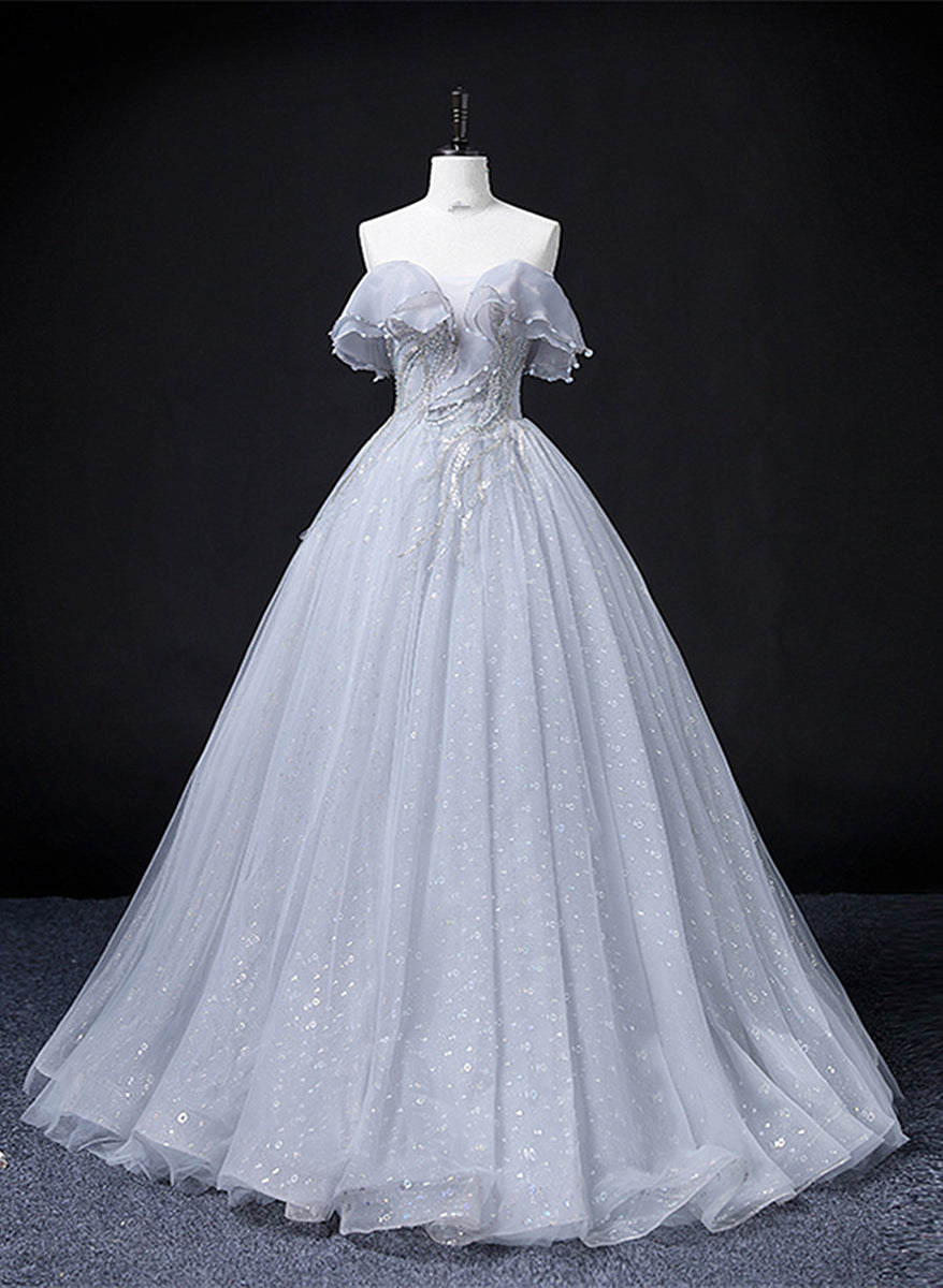Beautiful Tulle Off Shoulder Grey Formal Gowns, Grey Party Dress , Party Gowns