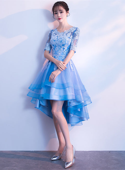 Blue High Low Tulle Party Dress , Cute Tulle Formal Dress with Lace Applique