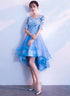 Blue High Low Tulle Party Dress , Cute Tulle Formal Dress with Lace Applique