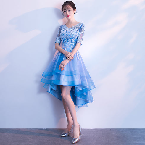 Blue High Low Tulle Party Dress , Cute Tulle Formal Dress with Lace Applique