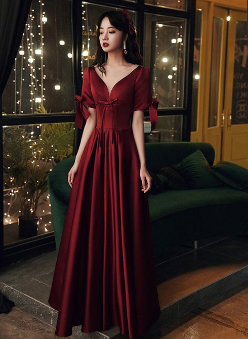 Burgundy Satin Short Sleeves A-line Floor Length Prom Dress, Burgundy Party Dress