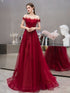 Wine Red Off Shoulder Tulle with Lace Long Formal Dress, Wine Red Prom Dress