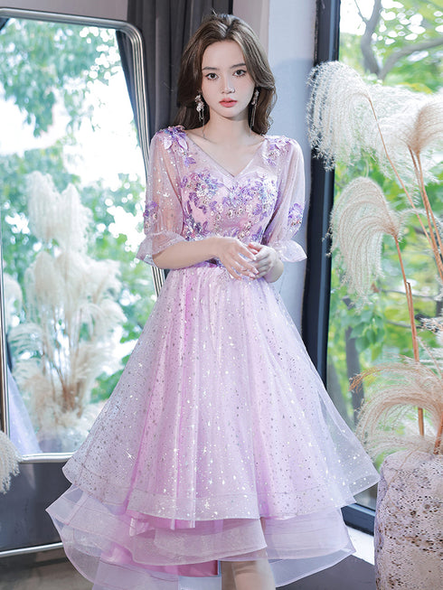 Lovely Light Purple High Low Tulle with Lace Party Dress, Short Sleeves Homecoming Dresses