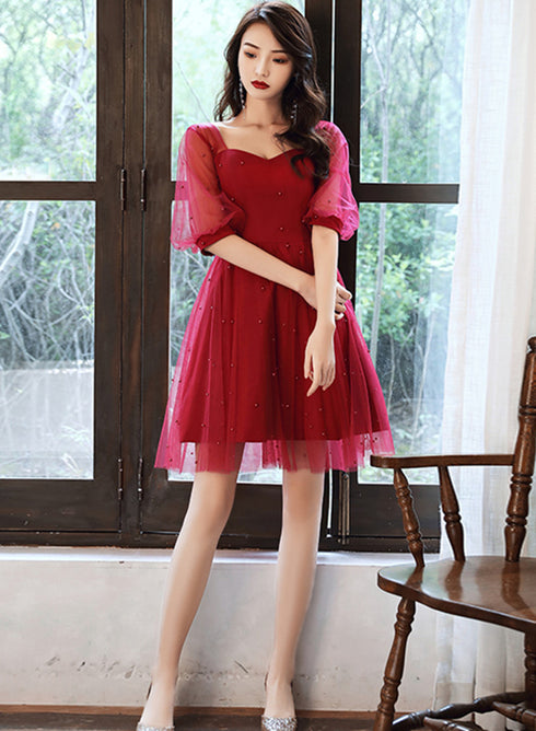 Wine Red Short Sleeves Homecoming Dress Prom Dress, Wine Red Party Dress