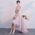 Pink V-neckline High Low Formal Dress, Lace Applique Homecoming Dress