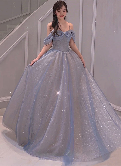 Light Blue Sweetheart Off Shoulder A-line Long Prom Dress, Blue Beaded Evening Dress