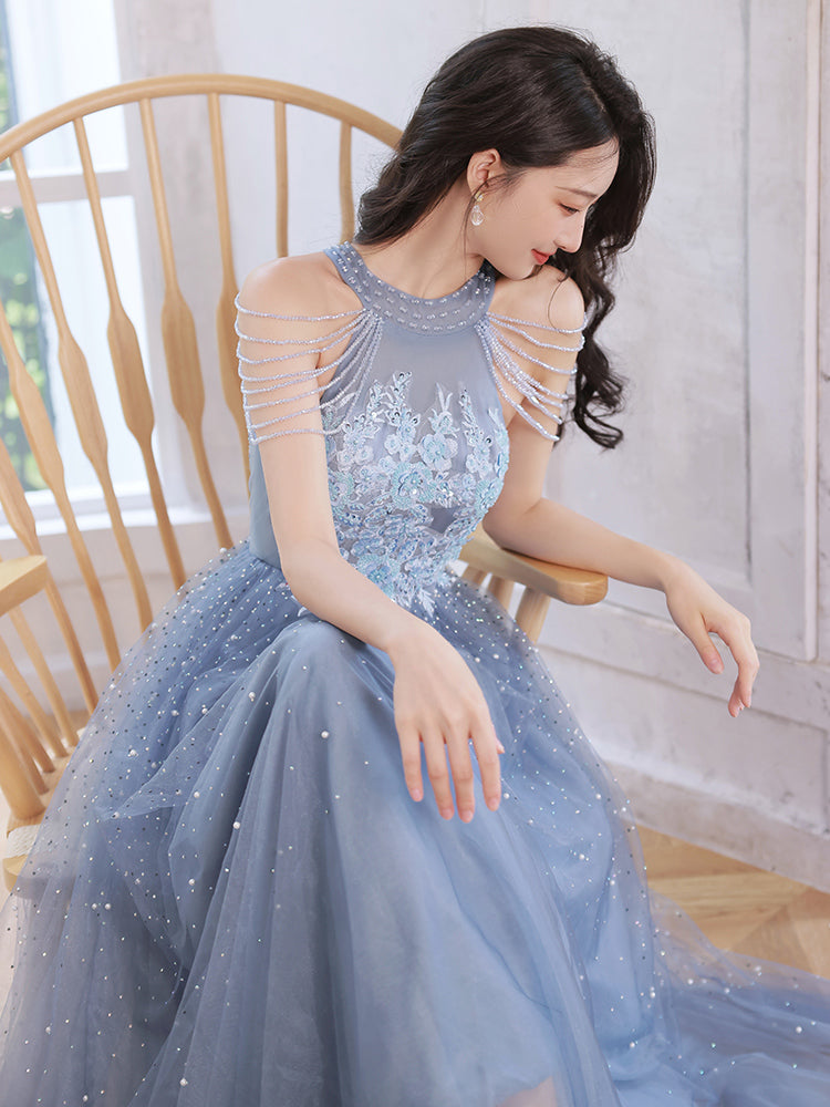 Lace Appliqued And Beaded Long Dresses Sky Blue