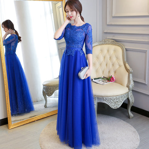 Blue Lace and Tulle 1/2 Sleeves Long A-line Bridesmaid Dress, Blue Party Dres Formal Dress