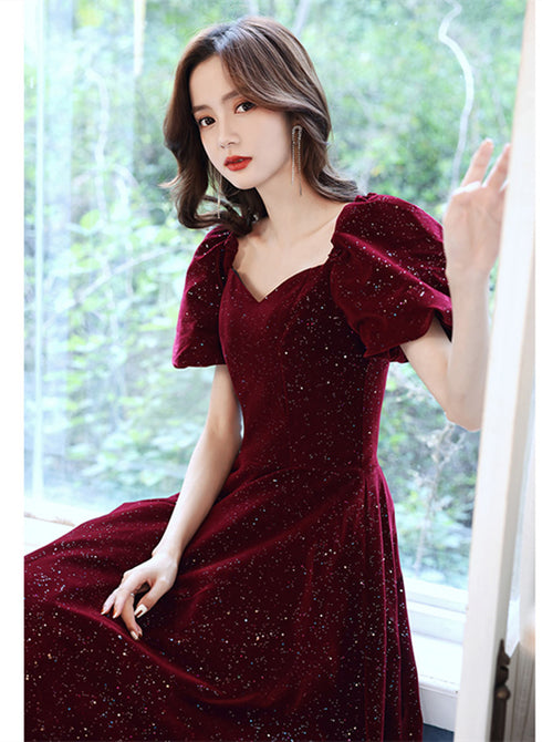 Wine Red Velvet Long Party Dress, Off Shoulder A-line Long Prom Dress