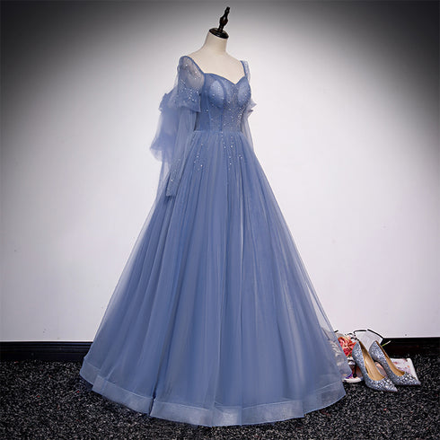Beautiful Blue Tulle Beaded Long Formal Dress Party Dresses, A-line Wedding Party Dresses