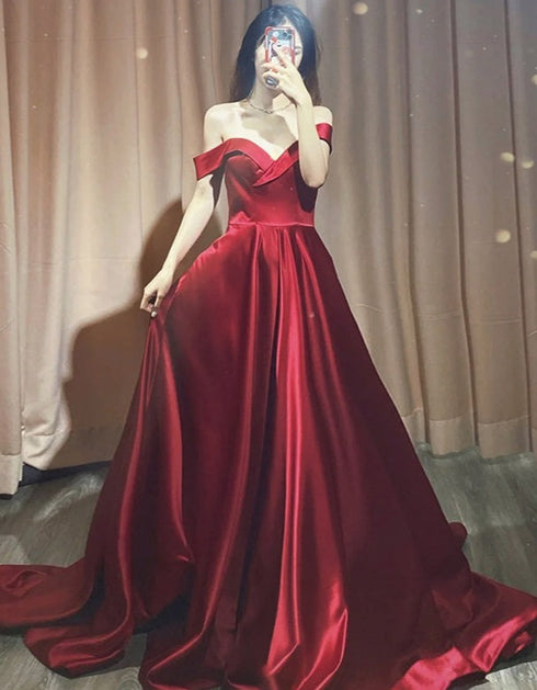 Dark Red Satin Long Prom Dresses, A-line Sweetheart Evening Dress Formal Gown