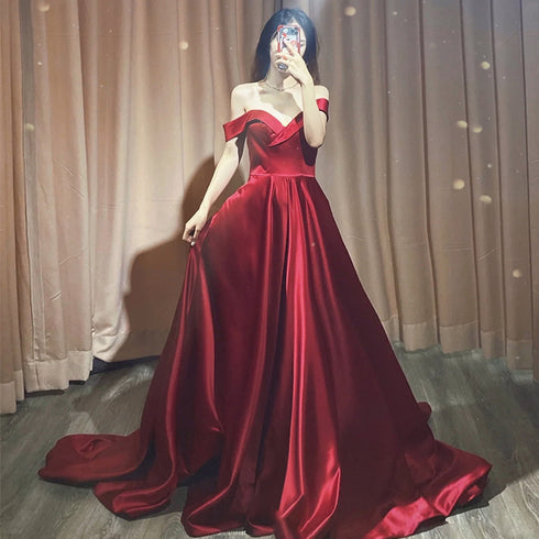 Dark Red Satin Long Prom Dresses, A-line Sweetheart Evening Dress Formal Gown