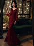 Wine Red Mermaid Long Prom Dress with Lace, V-neckline Prom Dress