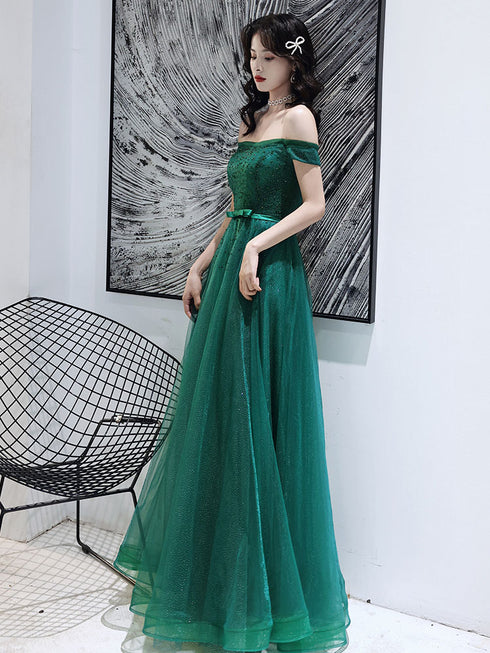 Dark Green Tulle Beaded Off Shoulder Long Party Dresses, A-line Long Evening Dresses