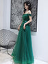 Dark Green Tulle Beaded Off Shoulder Long Party Dresses, A-line Long Evening Dresses
