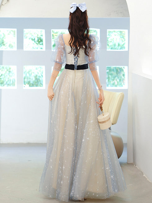 Light Blue Tulle A-line Short Sleeves Party Dresses, Blue Formal Gowns Prom Dresses