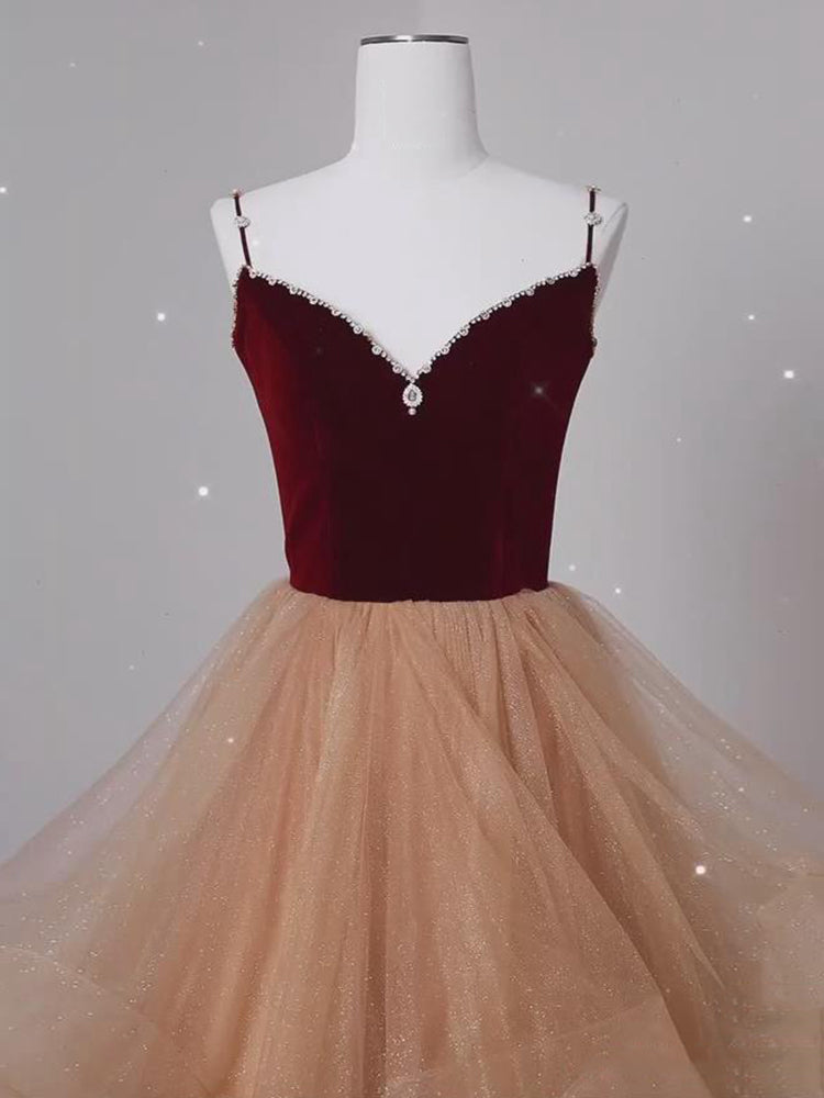 Lovely Champagne Tulle and Wine Red Velvet Straps Prom Dress, A-line L