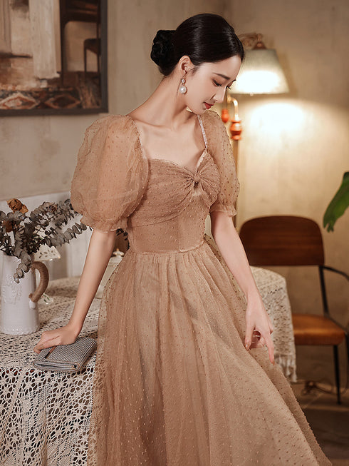 Champagne Tea Length Off Shoulder Champagne Homecoming Dresses, Short Prom Dress