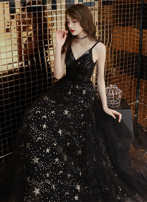Black Straps V-neckline Long Party Dress, A-line Black Tulle Prom Dress