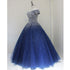 Blue Sparkle Off Shoulder Ball Party Dress , Handmade Beaded Party Dress
