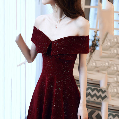 Wine Red off Shoulder Prom Dress, Long Elegant Bridal Gown Sparkly Velvet Party Dress