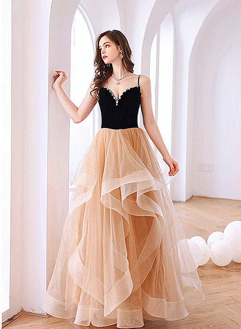 Champagne Layers Sweet 16 Gown, Tulle Straps Prom Party Dress